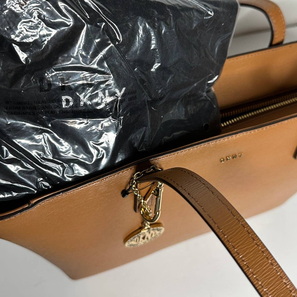 DKNY Tote Bag Satchel Handbag Purse Faux Leather Charm Brown Medium Brown NWT - Picture 5 of 8